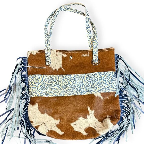 DANCING CACTUS DESIGNS Women’s Blue Brown White Cowhide Tooled Leather Fringe To - Picture 2 of 6